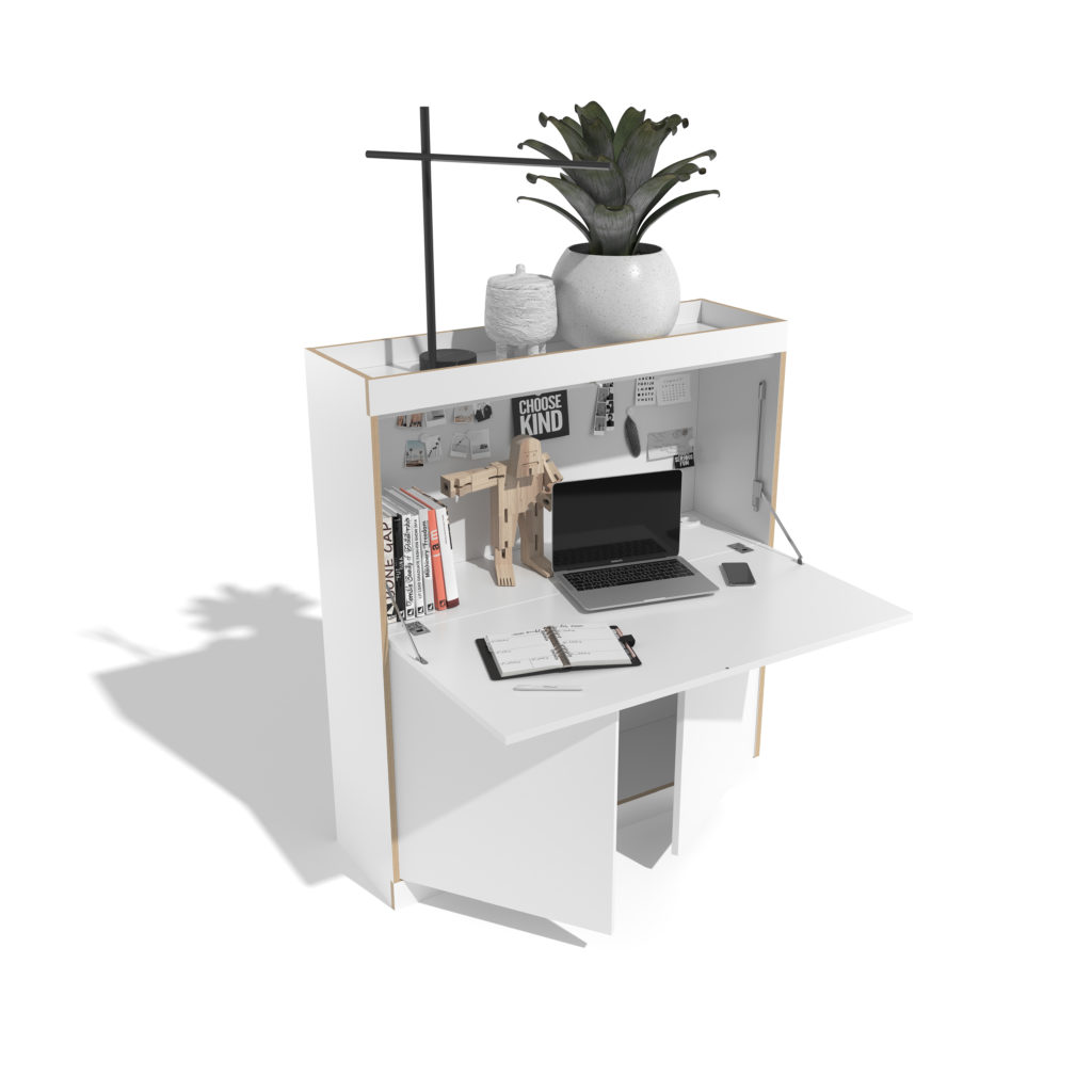 Moderner, hochfunktionaler Push-to-open Schreibtisch fürs Home-Office. 
