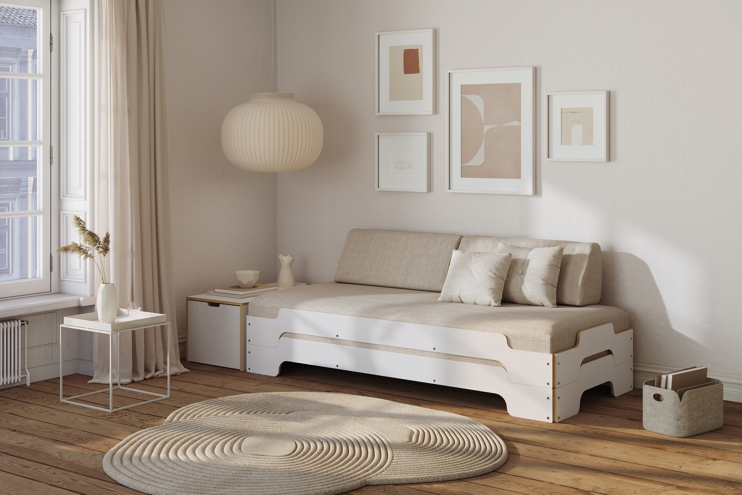 Stappelliege Rolf Heider in Weiß mit Beistellmöbeln