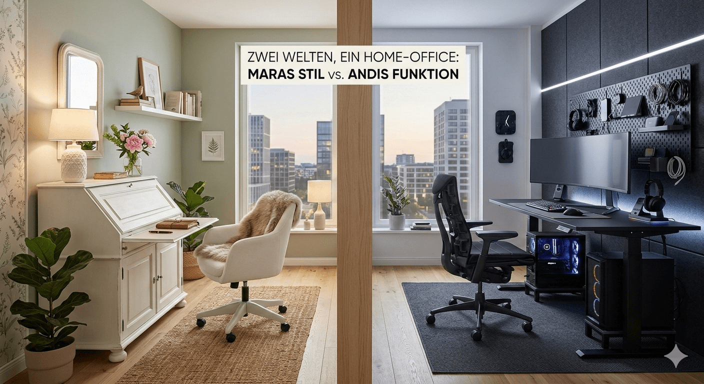 zwei Homeoffices, weiß mit altem Sekretär vs. modern