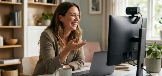 Frau freundlich lachend vor dem Bildschirm