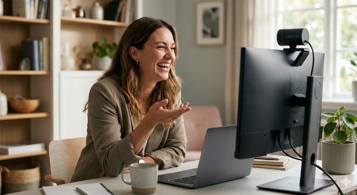 Frau freundlich lachend vor dem Bildschirm
