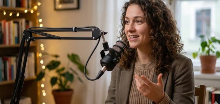 Frau spricht zuhause in ein Mikro