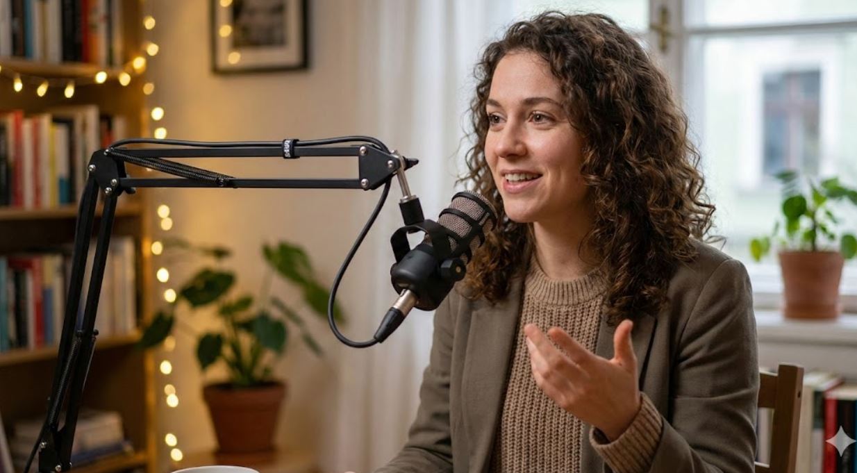 Frau spricht zuhause in ein Mikro