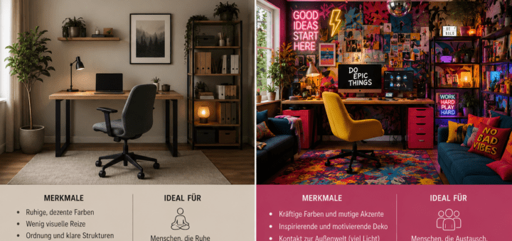 Vergleich Homeoffice für Introvertierte und Extrovertierte, links reduziert, rechts sehr bunt