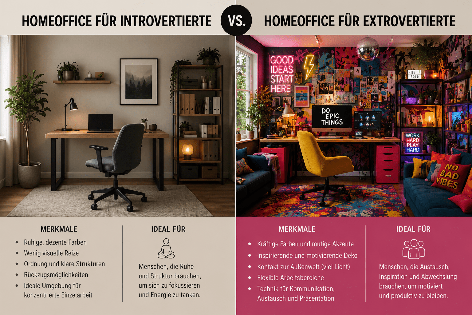 Vergleich Homeoffice für Introvertierte und Extrovertierte, links reduziert, rechts sehr bunt
